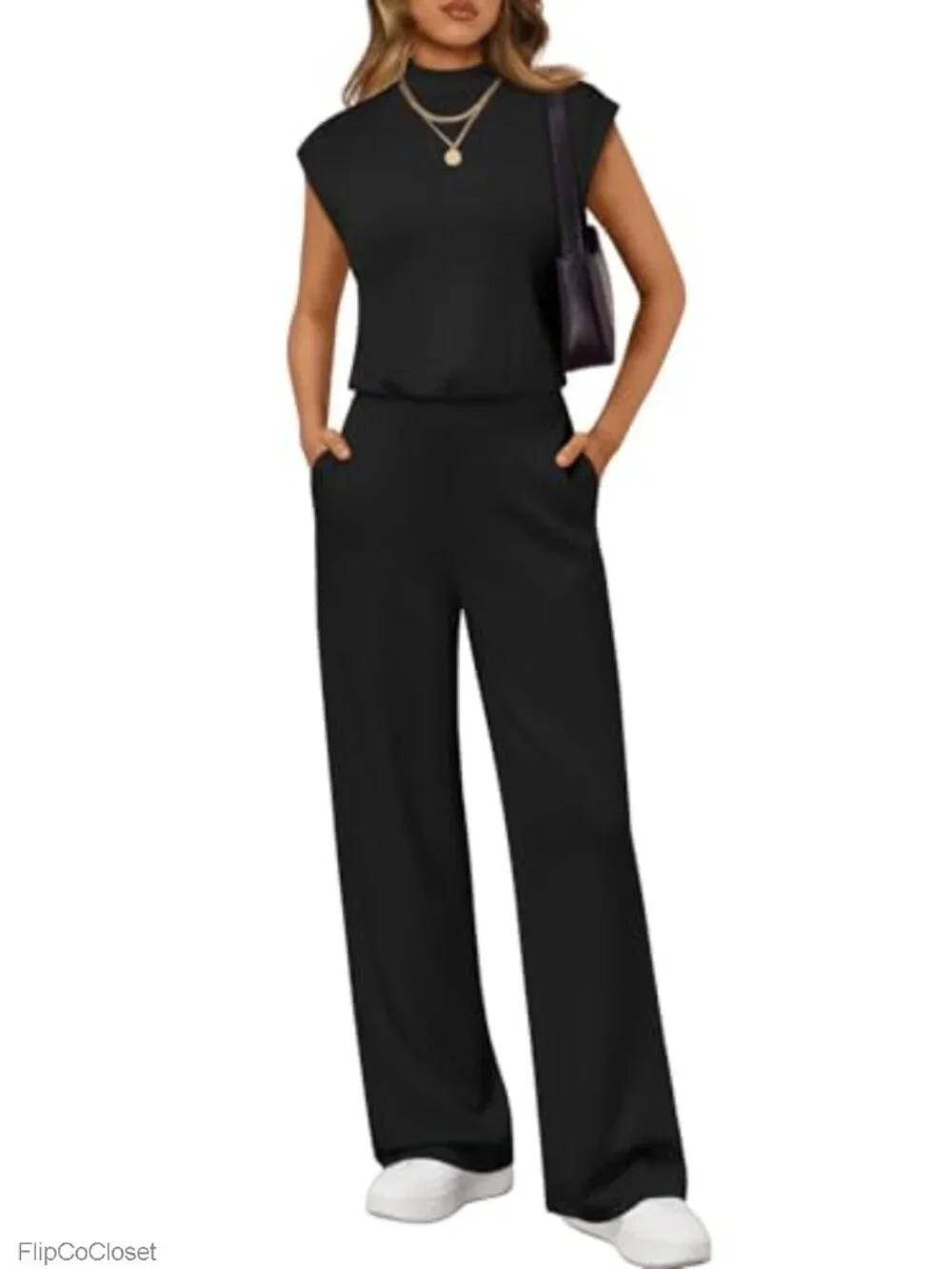 Women's Dressy Wide Leg Jumpsuit with Pockets Mock Neck Cap Sleeve